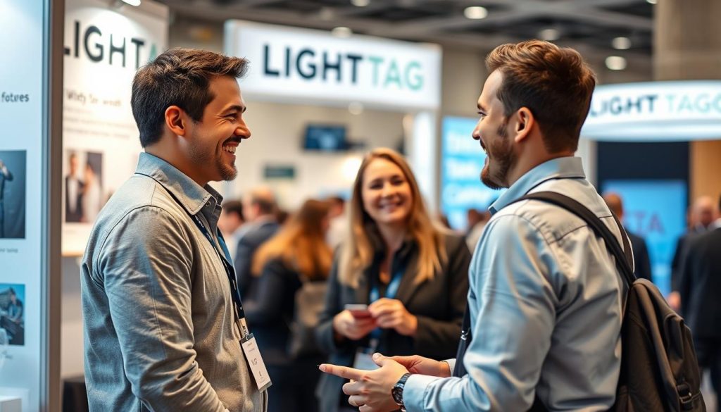 A LIGHT PORTAGE pop-up booth at a trade show, with a smiling customer engaged in a lively discussion with a friendly sales representative. The booth is well-lit, with a sleek and modern design showcasing the brand's products. The customer's expression conveys satisfaction and trust, reflecting the effective customer testimonial experience. In the background, a blurred crowd of other attendees, creating a sense of a bustling and successful event.
