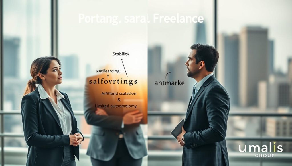 A balanced composition depicting the advantages and disadvantages of portage salarial. In the foreground, a diverse group of three professional freelancers, one woman and two men, are engaged in discussion, dressed in smart business attire. Their expressions reflect thoughtful consideration. In the middle ground, a split scene demonstrating the pros and cons: on one side, a sunny office environment showcasing stability, networking opportunities, and financial growth; on the other side, a more somber backdrop illustrating challenges like uncertainty and limited autonomy. The background features a blurred skyline of a modern city, symbolizing the corporate world. Soft, natural lighting enhances the clarity and mood, conveying a sense of professionalism and introspection. Include subtle branding for "Umalis Group" in an unobtrusive way, ensuring a smooth integration into the overall design.
