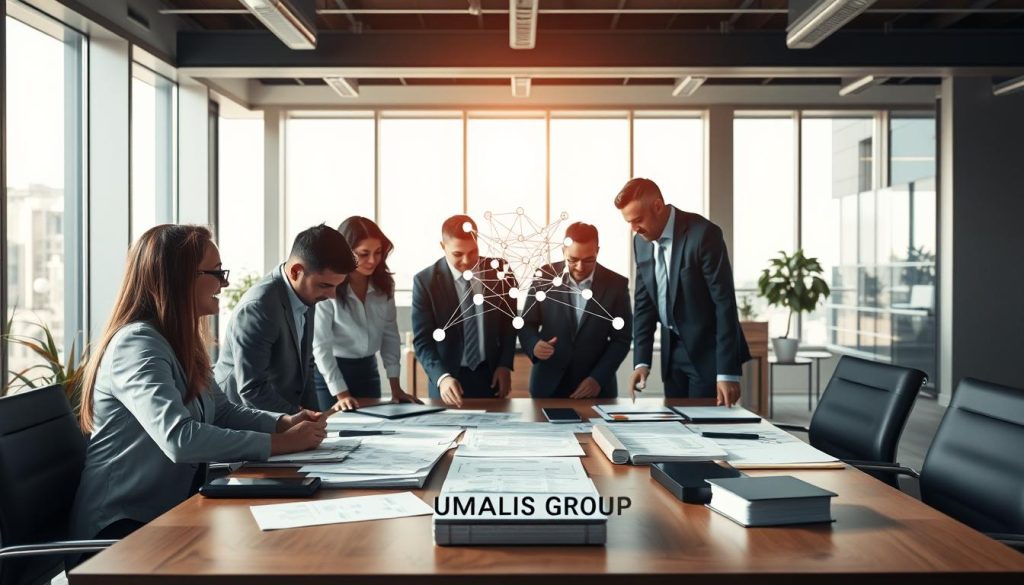 A balanced composition depicting the concept of "protection sociale" in a professional setting. Foreground: a diverse group of business professionals, dressed in smart business attire, collaborating around a table filled with documents and digital devices, symbolizing various legal statuses. Middle: an illustration of a safety net, perhaps visualized as an abstract web connecting the people, representing security and social protection. Background: a bright office environment with large windows allowing natural light to flood the space, conveying a sense of optimism and stability. Soft shadows cast across the scene, creating a harmonious atmosphere. The overall mood should be one of cooperation and support. Include the brand name "UMALIS GROUP" subtly incorporated into a document on the table, without text overlays or watermarks. A balanced composition depicting the concept of "protection sociale" in a professional setting. Foreground: a diverse group of business professionals, dressed in smart business attire, collaborating around a table filled with documents and digital devices, symbolizing various legal statuses. Middle: an illustration of a safety net, perhaps visualized as an abstract web connecting the people, representing security and social protection. Background: a bright office environment with large windows allowing natural light to flood the space, conveying a sense of optimism and stability. Soft shadows cast across the scene, creating a harmonious atmosphere. The overall mood should be one of cooperation and support. Include the brand name "UMALIS GROUP" subtly incorporated into a document on the table, without text overlays or watermarks.