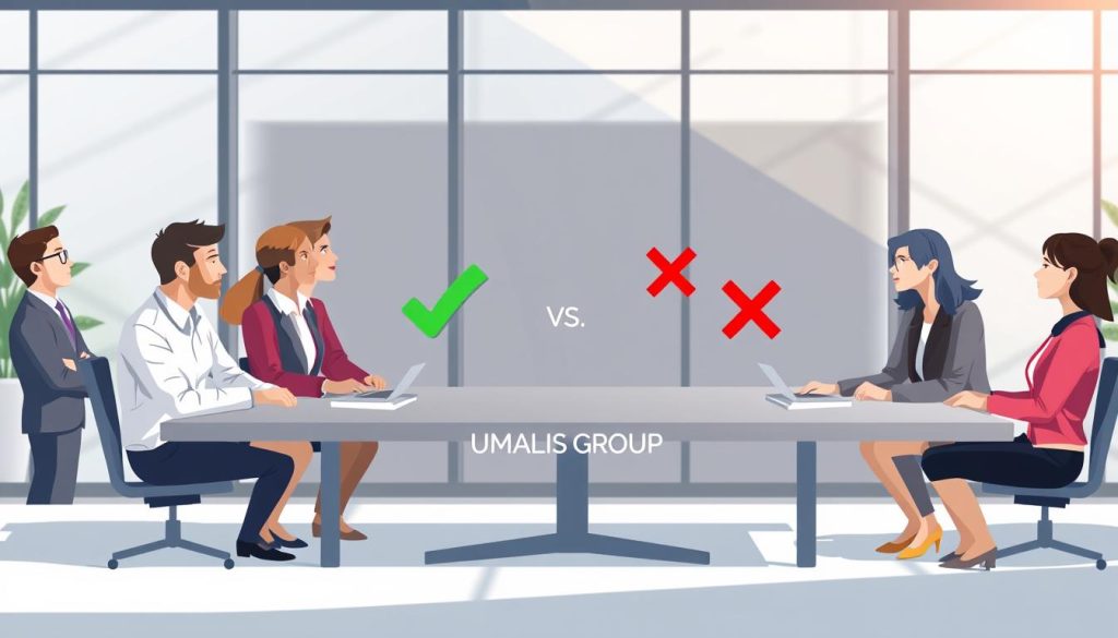 A balanced illustration depicting the advantages and disadvantages of "portage salarial." In the foreground, a diverse group of professionals in business attire, including men and women of various ethnicities, are engaged in a discussion around a modern conference table, symbolizing collaboration and communication. In the middle ground, visual elements like green checkmarks and red crosses represent pros and cons, respectively. The background features a sleek office environment with large windows, casting natural light and creating a bright, optimistic atmosphere. Soft shadows enhance the depth of the scene, creating a clear focus on the discussion. The branding "UMALIS GROUP" subtly integrated into the design adds a touch of professionalism. The overall mood is informative and engaging, suitable for illustrating a section on the topic.
