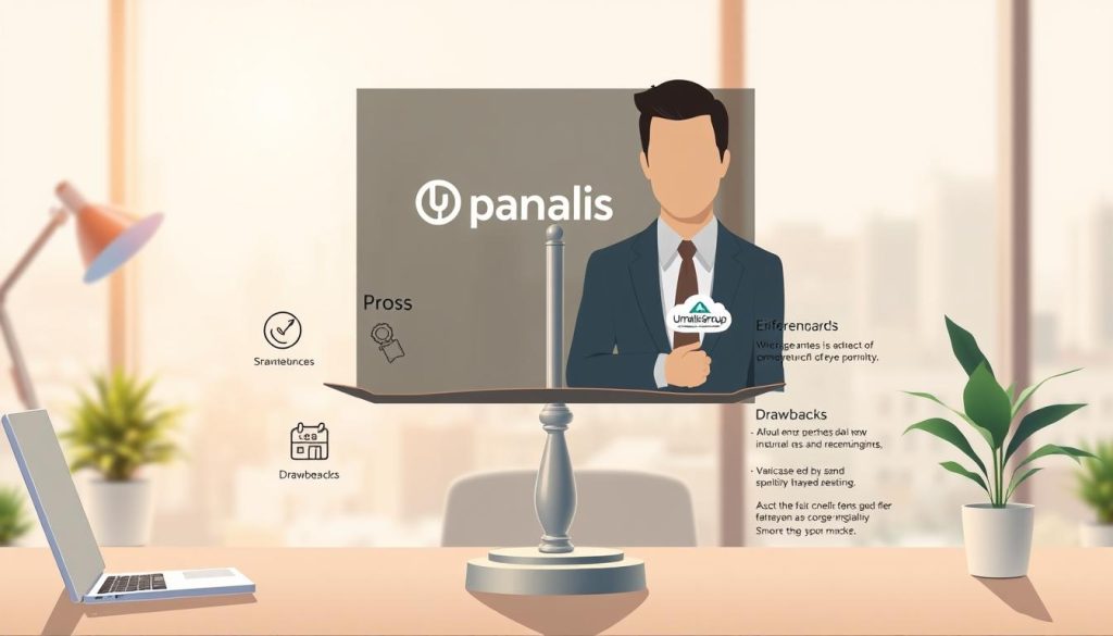 A balanced illustration of the advantages and disadvantages of freelance payroll portage. A central vignette depicts a business person weighing the pros and cons on a scale, with the Umalis Group logo prominently displayed. In the foreground, detailed icons and infographic elements visualize specific benefits and drawbacks. The middle ground features a serene office setting with a laptop, coffee mug, and potted plant, hinting at the freelance lifestyle. The background offers an airy, sunlit ambience with a blurred cityscape, conveying a sense of freedom and opportunity. Rendered in a clean, minimalist style using a muted color palette to maintain a professional, analytical tone. A balanced illustration of the advantages and disadvantages of freelance payroll portage. A central vignette depicts a business person weighing the pros and cons on a scale, with the Umalis Group logo prominently displayed. In the foreground, detailed icons and infographic elements visualize specific benefits and drawbacks. The middle ground features a serene office setting with a laptop, coffee mug, and potted plant, hinting at the freelance lifestyle. The background offers an airy, sunlit ambience with a blurred cityscape, conveying a sense of freedom and opportunity. Rendered in a clean, minimalist style using a muted color palette to maintain a professional, analytical tone.