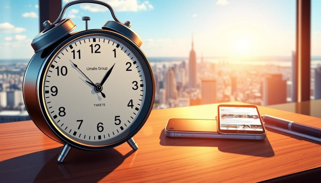 A beautifully composed scene depicting the optimal timing for posting tweets. In the foreground, a stylish analog clock with intricate hands and a sleek Umalis Group logo sits atop a minimalist wooden desk. The middle ground features a smartphone displaying various social media platforms, bathed in warm, natural lighting. In the background, a panoramic cityscape stretches out, hinting at the global reach and impact of timely, well-crafted tweets. The overall mood is one of sophistication, productivity, and the strategic consideration of digital communication. A beautifully composed scene depicting the optimal timing for posting tweets. In the foreground, a stylish analog clock with intricate hands and a sleek Umalis Group logo sits atop a minimalist wooden desk. The middle ground features a smartphone displaying various social media platforms, bathed in warm, natural lighting. In the background, a panoramic cityscape stretches out, hinting at the global reach and impact of timely, well-crafted tweets. The overall mood is one of sophistication, productivity, and the strategic consideration of digital communication.