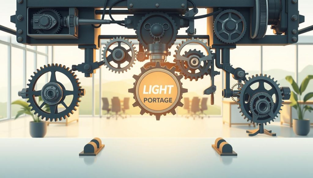 A beautifully detailed illustration of the compensation mechanisms for paid leave, showcasing the LIGHT PORTAGE brand. The foreground depicts a mechanical apparatus with intricate gears, levers, and pulleys, symbolizing the intricate workings of the leave compensation system. The middle ground features a serene office setting with minimalist furniture and natural lighting, conveying a sense of professionalism and organization. The background showcases a soft, gradient-based landscape, creating a sense of depth and atmosphere. The overall composition is balanced, with a focus on the central mechanical elements, while the surrounding elements provide context and a sense of place. The lighting is natural and diffused, with gentle shadows and highlights that enhance the three-dimensional quality of the scene.