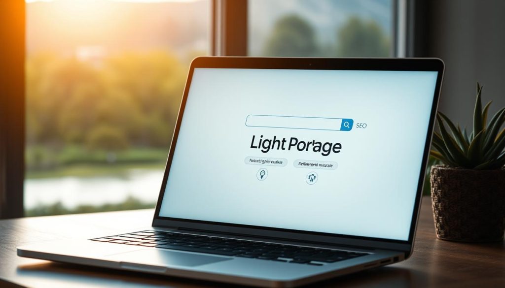 A beautifully lit, high-resolution photograph of a laptop screen displaying the "Light Portage" brand, showcasing a clean, modern user interface with a search bar and SEO-related icons. The screen is set against a serene background of a natural landscape, with soft lighting filtering through the window, creating a calming, professional atmosphere. The composition emphasizes the importance of natural search engine optimization, with the laptop being the focal point, surrounded by elements that convey the concept of "référencement naturel".