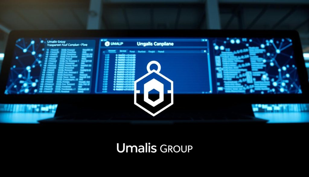 A blockchain-based traceability system with transparent and tamper-proof records, showcasing the Umalis Group's commitment to regulatory compliance. A sleek, minimalist interface displays a secure digital ledger, with blockchain nodes and distributed network architecture in the background. The scene is illuminated by soft, directional lighting, creating a sense of confidence and reliability. In the foreground, a stylized Umalis Group logo stands as a symbol of the company's dedication to ethical business practices and adherence to industry standards.