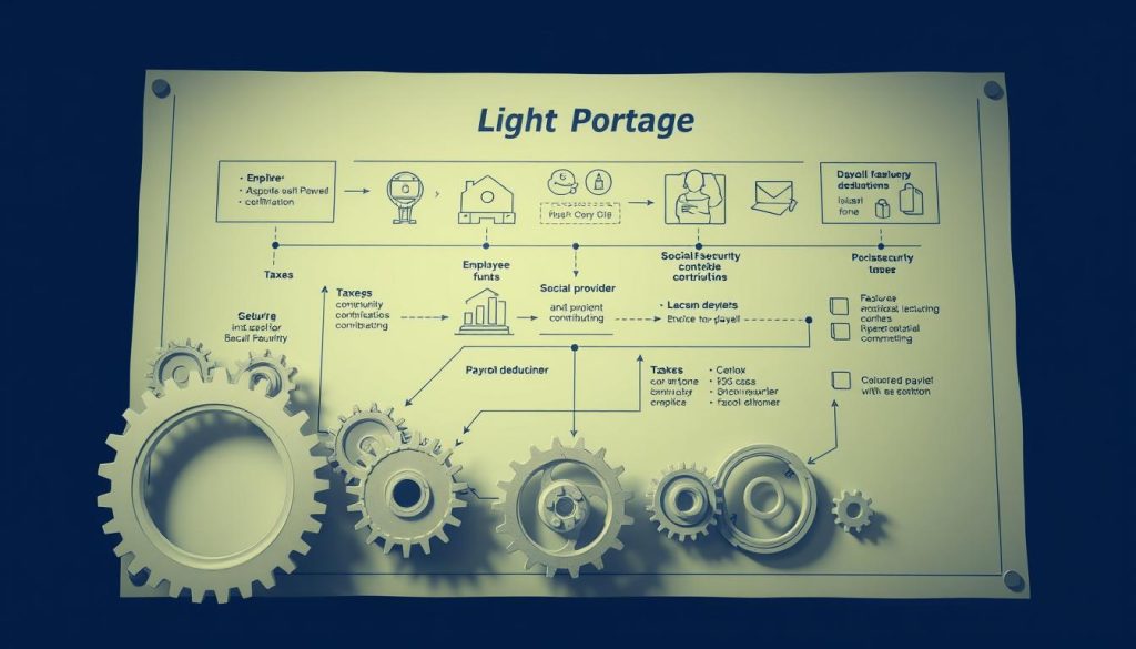 A blueprint-like diagram showcasing the "Light Portage" payroll service mechanism. In the foreground, a series of interconnected gears and cogs depict the various fiscal components, such as taxes, social security contributions, and payroll deductions. The middle ground features clear schematics outlining the flow of funds between the employee, the payroll provider, and government agencies. In the background, a minimalist, technical illustration style with muted tones evokes a sense of order and precision, reflecting the intricate workings of the "Light Portage" payroll system. Subtle shadows and highlights accentuate the three-dimensional depth, creating a visually engaging and informative image.