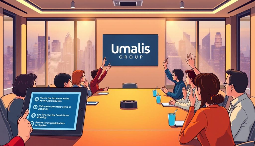 A boardroom table surrounded by engaged participants, their hands raised in discussion, with the Umalis Group logo prominently displayed on the wall behind them. The lighting is warm and inviting, creating a sense of collaborative energy. In the foreground, a tablet displays a digital presentation, highlighting key points for active forum participation. The middle ground showcases the diverse attendees, each contributing their unique perspectives. The background features large windows overlooking a bustling city skyline, symbolizing the global reach and impact of the Umalis Group's industry forums.