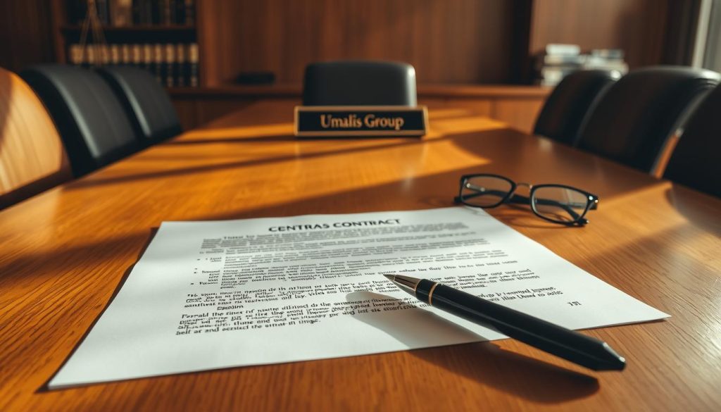 A boardroom table with a detailed contract document, surrounded by legal reference books and a nameplate that reads "Umalis Group". The lighting is warm and directional, casting dramatic shadows on the wood grain. A pen and reading glasses sit next to the contract, hinting at the careful consideration of the dispute resolution clauses. The background is slightly blurred, emphasizing the central focus on the contractual elements. The overall atmosphere conveys a sense of thoughtful deliberation and legal expertise.
