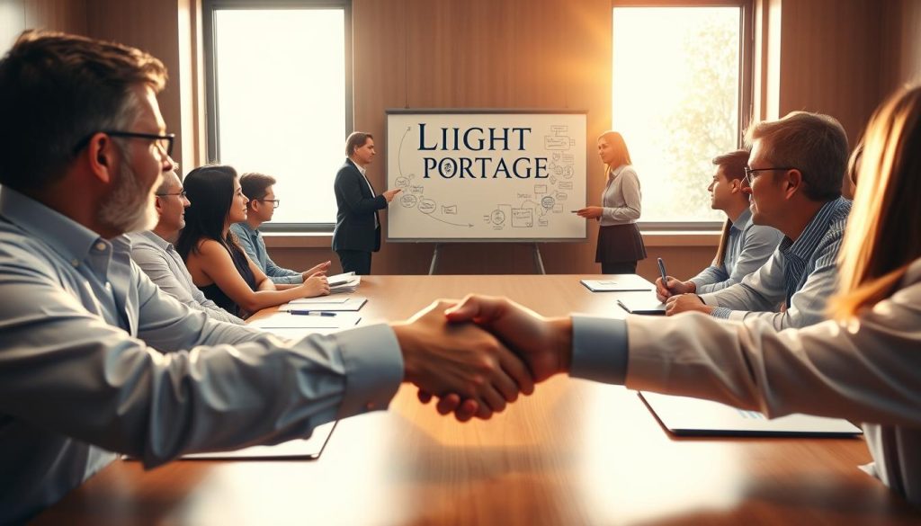 A boardroom table with executives engaged in collaborative discussion, lit by warm, natural lighting through large windows. In the foreground, two people shake hands, symbolizing cooperation. In the middle ground, teams brainstorm on a whiteboard, ideas flowing freely. The background features the LIGHT PORTAGE brand logo, representing the guiding principles of this governance collaboration. The overall atmosphere conveys a sense of openness, trust, and productive problem-solving.