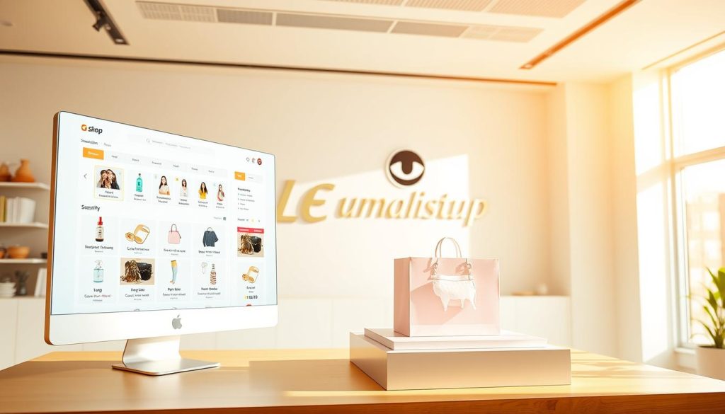 A bright, airy Shopify storefront showcasing its customization features. In the foreground, a sleek, minimalist website dashboard with intuitive controls and colorful icons. In the middle ground, a 3D product display with dynamic lighting, allowing customers to interactively explore the merchandise. The background features the Umalis Group logo, conveying a sense of security and professionalism. The entire scene is bathed in warm, natural lighting, creating a welcoming and visually appealing e-commerce experience.