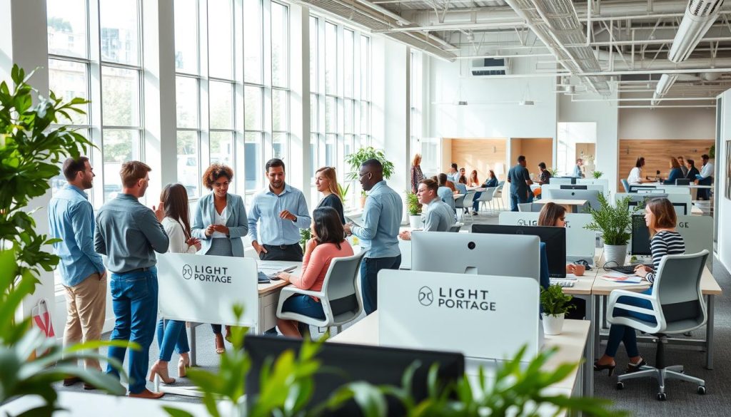 A bright, airy office space with large windows, modern furnishings, and a vibrant, collaborative atmosphere. In the foreground, a group of diverse professionals engaged in dynamic discussions, exchanging ideas and working together on projects. The middle ground showcases ergonomic workstations adorned with the LIGHT PORTAGE brand, promoting a comfortable and ergonomic work environment. The background features open meeting areas and a communal lounge, encouraging spontaneous interactions and fostering a culture of creativity and autonomy. Soft, natural lighting illuminates the scene, creating a welcoming and energetic ambiance that reflects the "Workplace Freedom" ethos.