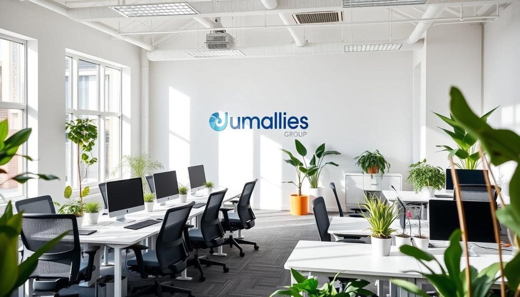 A bright, airy office space with the Umalis Group logo prominently displayed on the wall. Ergonomic desks and chairs arranged in a collaborative layout, surrounded by potted plants and natural lighting from large windows. The environment exudes a sense of productivity and wellness, with a calming color palette of blues and greens. The desk surfaces are clear, allowing for focused work, while a small break area in the corner offers a space for relaxation. The overall atmosphere conveys a stress-free, supportive workplace that empowers employees to thrive.