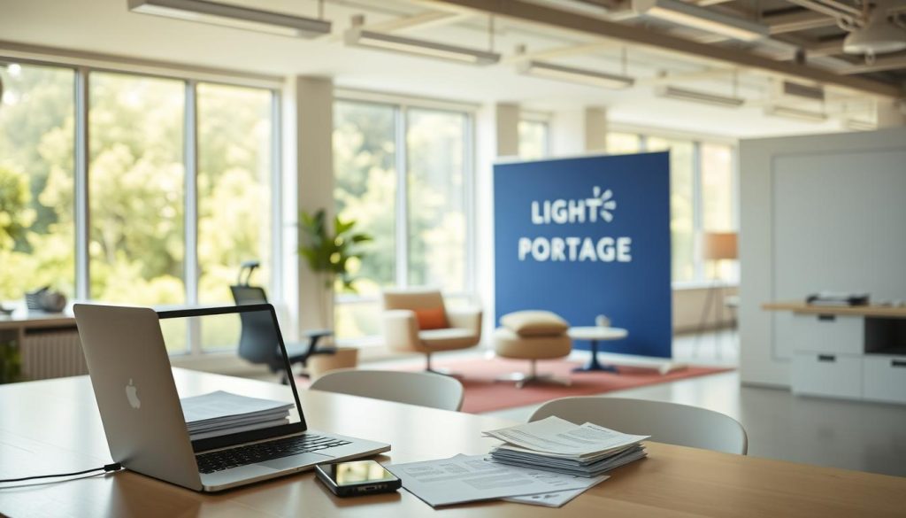 A bright and airy office setting with a focus on remote work policies. In the foreground, a desk with a laptop, smartphone, and a stack of documents, all set against a LIGHT PORTAGE branded backdrop. The middle ground features ergonomic chairs and a cozy seating area, while the background showcases large windows overlooking a lush, verdant landscape. The lighting is warm and natural, creating a calming and productive atmosphere. The overall scene conveys a sense of work-life balance and flexibility, highlighting the benefits of remote work policies.