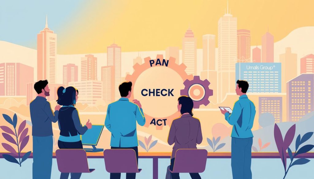 A bright and dynamic illustration showcasing the continuous improvement process. In the foreground, a team of Umalis Group employees collaborates, brainstorming ideas and strategizing. The middle ground features a cycle of plan, do, check, and act, represented by sturdy gears turning in synchrony. In the background, a vibrant cityscape with Umalis Group branding symbolizes the implementation of these improvement steps across the organization. Warm lighting illuminates the scene, conveying a sense of progress and growth. The composition is balanced, with clean lines and a modern aesthetic to match the forward-thinking nature of continuous improvement.
