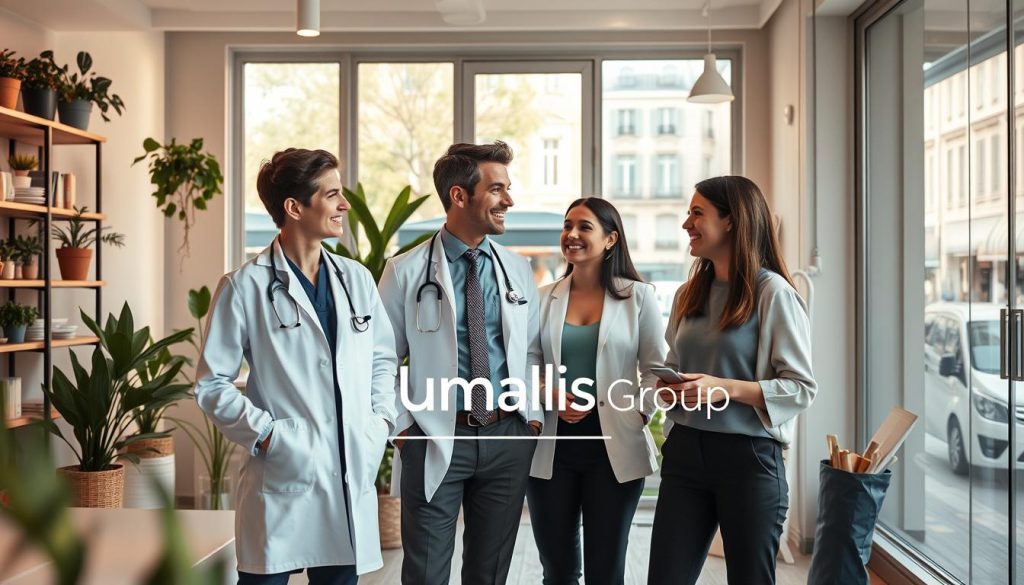 A bright and inviting healthcare and wellness scene set in a modern French city. In the foreground, a diverse group of professionals, including a doctor, a fitness coach, and a nutritionist, are engaged in friendly conversation, dressed in smart business attire. The middle ground features a wellness clinic with large windows showing natural light pouring in, decorated with plants and health-related materials. The background captures the essence of the city, showcasing charming French architecture and vibrant street life. Soft, warm lighting creates a welcoming atmosphere, emphasizing a sense of community and professionalism. The overall mood is optimistic and dynamic, highlighting the growing demand for healthcare and wellness services. Incorporate elements like a logo of "Umalis Group" subtly integrated into the environment.