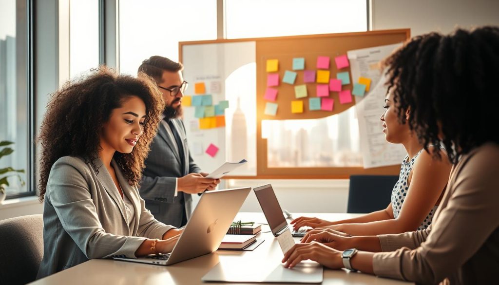 A bright and inviting workspace scene featuring a diverse group of four professionals engaged in content creation and web writing. In the foreground, a young woman with curly hair, dressed in smart casual attire, types on a laptop, focused on her work. To her left, a middle-aged man in a business suit discusses ideas with a notepad in hand. In the middle ground, a large corkboard displays brainstorming notes and colorful sticky notes. The background features a window showcasing a vibrant city skyline, bathed in natural sunlight, casting warm rays across the room. The atmosphere is collaborative and inspiring, reflecting creativity and productivity. Incorporate elements evoking the brand "UMALIS GROUP" subtly in the décor. A bright and inviting workspace scene featuring a diverse group of four professionals engaged in content creation and web writing. In the foreground, a young woman with curly hair, dressed in smart casual attire, types on a laptop, focused on her work. To her left, a middle-aged man in a business suit discusses ideas with a notepad in hand. In the middle ground, a large corkboard displays brainstorming notes and colorful sticky notes. The background features a window showcasing a vibrant city skyline, bathed in natural sunlight, casting warm rays across the room. The atmosphere is collaborative and inspiring, reflecting creativity and productivity. Incorporate elements evoking the brand "UMALIS GROUP" subtly in the décor.