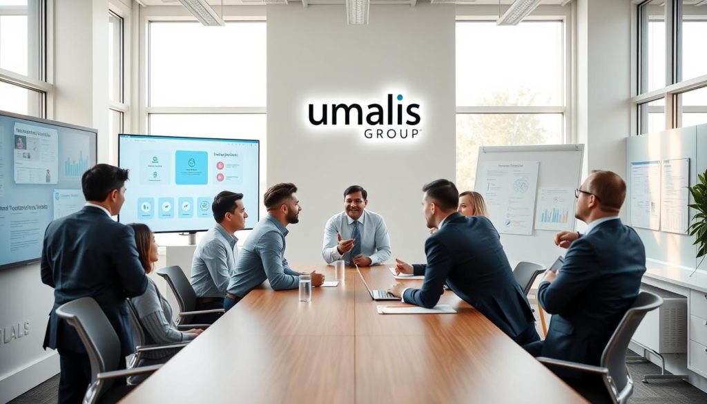 A bright and open office space, soft natural lighting filtering through large windows. At the center, a group of professionals in business attire gathered around a table, engaged in animated discussion. Digital screens and whiteboards adorn the walls, displaying data visualizations and project plans. The Umalis Group logo prominently displayed, symbolizing the collaboration and internal communication at the heart of this strategic meeting. A sense of purpose and camaraderie fills the room, as the team works together to craft an effective internal communication strategy.