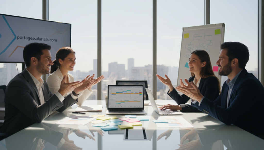 A bright and professional office environment illustrating effective communication in project management. In the foreground, a diverse group of four business professionals, two men and two women, are engaged in a lively discussion around a large conference table, all wearing business attire. The focus should be on their expressive gestures and collaborative interaction. In the middle ground, various project management materials, such as a laptop displaying a project timeline and colorful sticky notes, are visible. The background features a modern office with large windows allowing natural light to flood the space, creating a vibrant and productive atmosphere. Soft shadows add depth, and the overall mood is one of teamwork and success, emphasizing the importance of communication in project management. Incorporate subtle branding for "portagesalarials.com" on a presentation screen in the background.