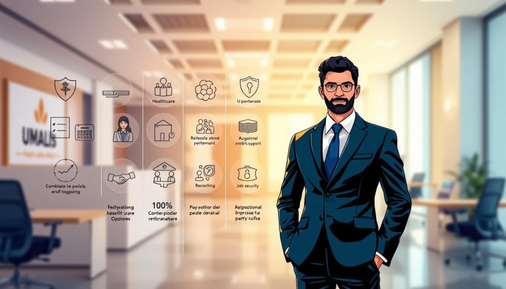 A bright, detailed illustration of a worker's rights and protections in the Umalis Group's portage salarial contract. In the foreground, a professional figure stands confidently, dressed in a crisp suit, representing the employee's legal safeguards. The middle ground showcases a series of icons and symbols denoting the various benefits and entitlements, such as healthcare, retirement, and job security. In the background, a modern office setting with Umalis Group branding sets the scene, conveying a sense of professionalism and stability. The overall mood is one of empowerment and reassurance, highlighting the comprehensive support provided to the "salarié porté" within the Umalis Group's portage salarial system.