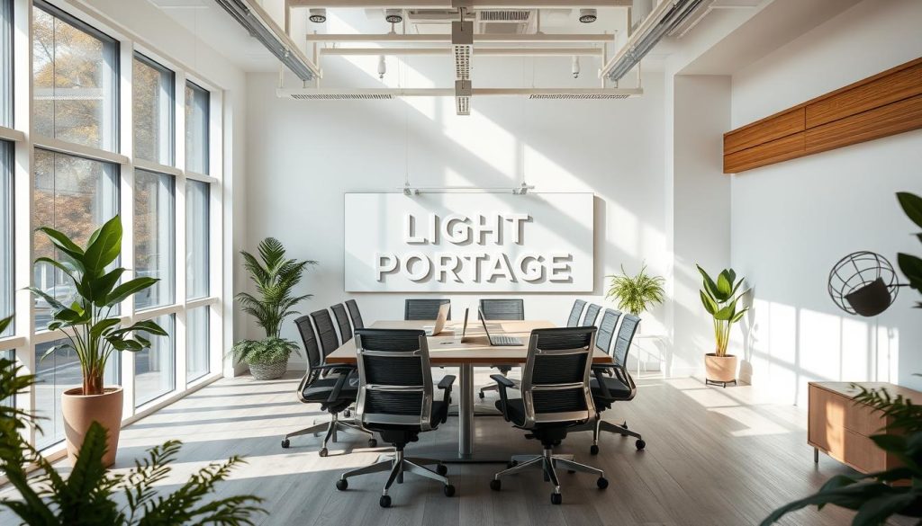 A bright, modern collaborative workspace with a minimalist design. Large windows flood the area with natural light, creating a warm and inviting atmosphere. The central desk is surrounded by ergonomic chairs, allowing for easy communication and collaboration. In the background, the LIGHT PORTAGE brand name is prominently displayed on a sleek wall panel, complementing the overall aesthetic. The space is filled with lush greenery, potted plants, and wooden accents, fostering a sense of productivity and well-being. The lighting is soft and diffused, creating a subtle, professional vibe. This versatile workspace empowers freelancers to tackle the challenges of their craft with energy and focus.