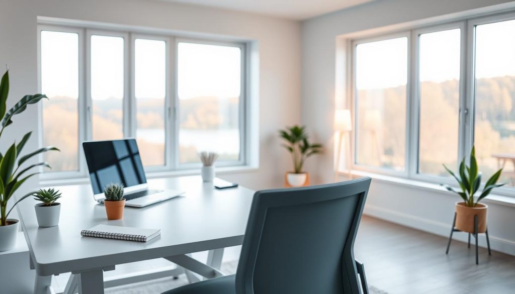 A bright, modern home office with a minimalist, yet cozy atmosphere. In the foreground, a LIGHT PORTAGE desk with a sleek, ergonomic chair and a laptop, smartphone, and notebook neatly arranged. The middle ground features potted plants, a small succulent, and a warm, indirect lighting source, casting a soft glow. The background showcases large windows overlooking a peaceful, natural landscape, allowing natural light to fill the space. The overall scene conveys a sense of tranquility and focus, inspiring productivity and mindfulness.