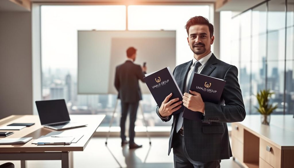 A bright, modern office interior with a desk, laptop, and paperwork. In the foreground, a consultant in a sharp suit stands, holding documents emblazoned with the Umalis Group logo. The middle ground features a large whiteboard displaying key metrics and figures. The background showcases an expansive city skyline, hinting at the consultant's role in bridging the gap between businesses and the broader market. Soft, directional lighting casts a professional, authoritative glow. The overall atmosphere conveys the expertise and value-adding services a Umalis Group consultant can provide.