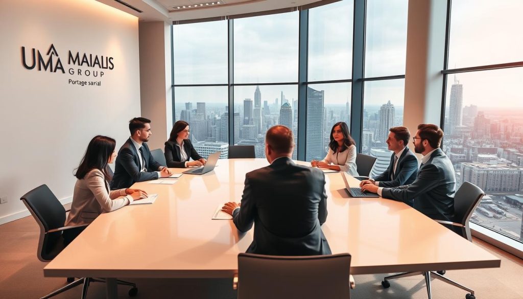 A bright, modern office interior with large windows overlooking a bustling city skyline. In the foreground, a team of professionals in business attire are engaged in a lively discussion around a sleek conference table, papers and laptops spread out before them. The walls are adorned with the UMALIS GROUP logo, conveying a sense of professionalism and expertise. Warm, diffused lighting illuminates the scene, creating a welcoming and productive atmosphere. In the background, the city outside is alive with activity, hinting at the dynamic and interconnected nature of the "portage salarial" concept being discussed.