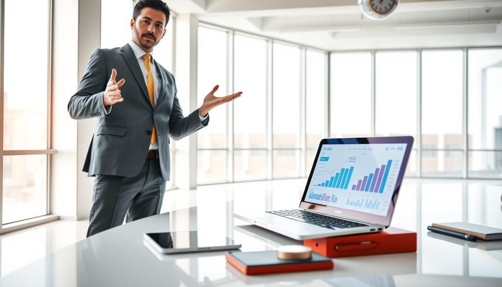 A bright, modern office scene showcasing the advantages of Umalis Group's salarial portage services. In the foreground, a confident, well-dressed consultant stands, gesturing towards a glowing laptop screen displaying financial figures and graphs. The middle ground features a sleek, minimalist desk setup with a tablet, smartphone, and stylish office supplies, conveying efficiency and professionalism. The background is filled with floor-to-ceiling windows, allowing natural light to flood the space and create a sense of openness and opportunity. The overall mood is one of empowerment, independence, and the promise of a secure, successful career as a salarial consultant with Umalis Group.