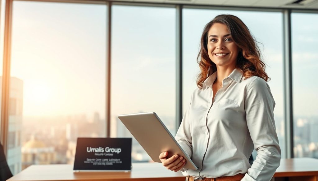 A bright, modern office setting with a confident, casually dressed professional standing in the foreground, holding a laptop. Behind them, a large window overlooking a cityscape, filled with a warm, natural light. On the desk, a Umalis Group logo plaque conveys a sense of security and trust. The overall atmosphere is one of assurance and opportunity, reflecting the "secure career solution" of the article's subject matter.