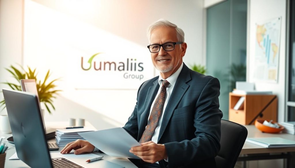 A bright, modern office setting with a well-dressed senior professional at the center, surrounded by documents, a laptop, and various office supplies. The lighting is soft and natural, casting a warm glow across the scene. In the background, a "Umalis Group" logo is prominently displayed, signifying the company's services. The overall atmosphere conveys a sense of productivity, professionalism, and the advantages of the "portage salarial" concept for senior workers.