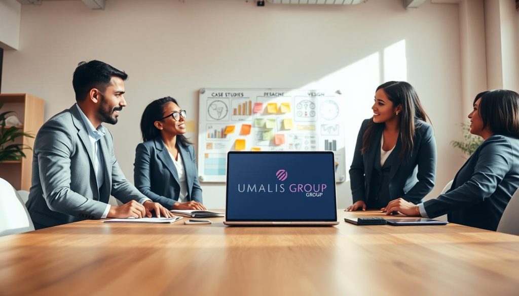 A bright, modern office space with a large wooden table in the foreground, showcasing a group of four diverse professionals dressed in smart business attire, engaged in an animated discussion over a laptop displaying a successful website case study. In the middle ground, intelligent diagrams and visuals related to web design and case studies are pinned on a whiteboard, with colorful sticky notes and brainstorming materials scattered around. The background features a large window with natural light streaming in, casting soft shadows across the room, evoking a collaborative and innovative atmosphere. Warm tones create a welcoming and professional mood. Include the brand logo "UMALIS GROUP" subtly positioned on the laptop screen.