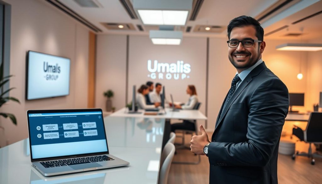 A bright, modern office with a minimalist aesthetic. In the foreground, a smiling professional in a sharp suit stands at a sleek, glass-topped desk, gesturing towards a laptop screen displaying a step-by-step flowchart labeled "Déroulé mission portage salarial". In the middle ground, a team of office workers collaborates, their faces lit by the glow of their computer screens. The background showcases the Umalis Group logo, subtly integrated into the design of the office space. Warm, indirect lighting and a clean, airy atmosphere create an impression of efficiency and professionalism.
