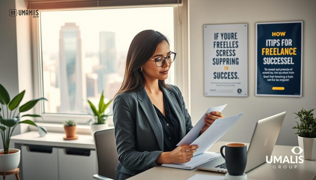 A bright, modern workspace filled with inspiring elements for freelancers to succeed. In the foreground, a confident professional woman in smart casual attire looks thoughtfully at a notepad filled with ideas. Beside her, a laptop with an open project and a cup of coffee. In the middle ground, motivational posters featuring tips on freelancing success and a plant to add a touch of greenery. The background shows a sunny window with a view of a bustling cityscape, symbolizing opportunity. Soft, natural light brightens the scene, creating an optimistic and encouraging atmosphere. The image should evoke feelings of determination and creativity, with a subtle branding element of "UMALIS GROUP" incorporated in the workspace decor.