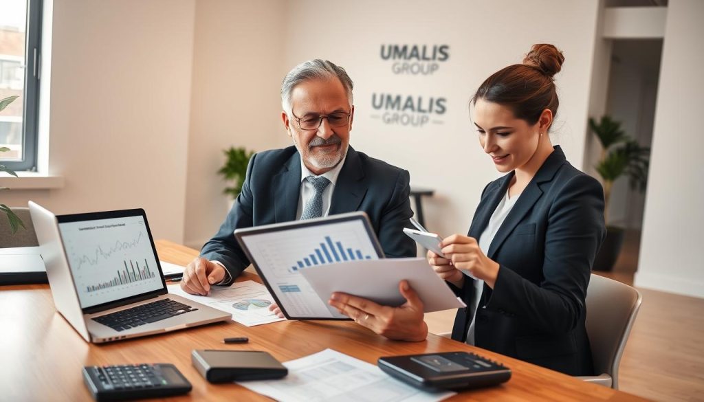 A bright, professional office environment serves as the backdrop, featuring a large wooden desk cluttered with financial documents, calculators, and a laptop displaying charts. In the foreground, a confident, middle-aged man in a sharp navy suit is reviewing tax strategies on his tablet, while a focused young woman in business attire prepares notes beside him. Their expressions convey determination and optimism as they brainstorm ways to optimize tax deductions labeled as "strategies for self-employed individuals." The lighting is soft, filtering through large windows, creating a warm ambiance. On the wall, a subtle logo of "UMALIS GROUP" is visible, enhancing the theme of professional financial guidance. The image exudes an atmosphere of innovation and strategic planning without any text or distractions. A bright, professional office environment serves as the backdrop, featuring a large wooden desk cluttered with financial documents, calculators, and a laptop displaying charts. In the foreground, a confident, middle-aged man in a sharp navy suit is reviewing tax strategies on his tablet, while a focused young woman in business attire prepares notes beside him. Their expressions convey determination and optimism as they brainstorm ways to optimize tax deductions labeled as "strategies for self-employed individuals." The lighting is soft, filtering through large windows, creating a warm ambiance. On the wall, a subtle logo of "UMALIS GROUP" is visible, enhancing the theme of professional financial guidance. The image exudes an atmosphere of innovation and strategic planning without any text or distractions.