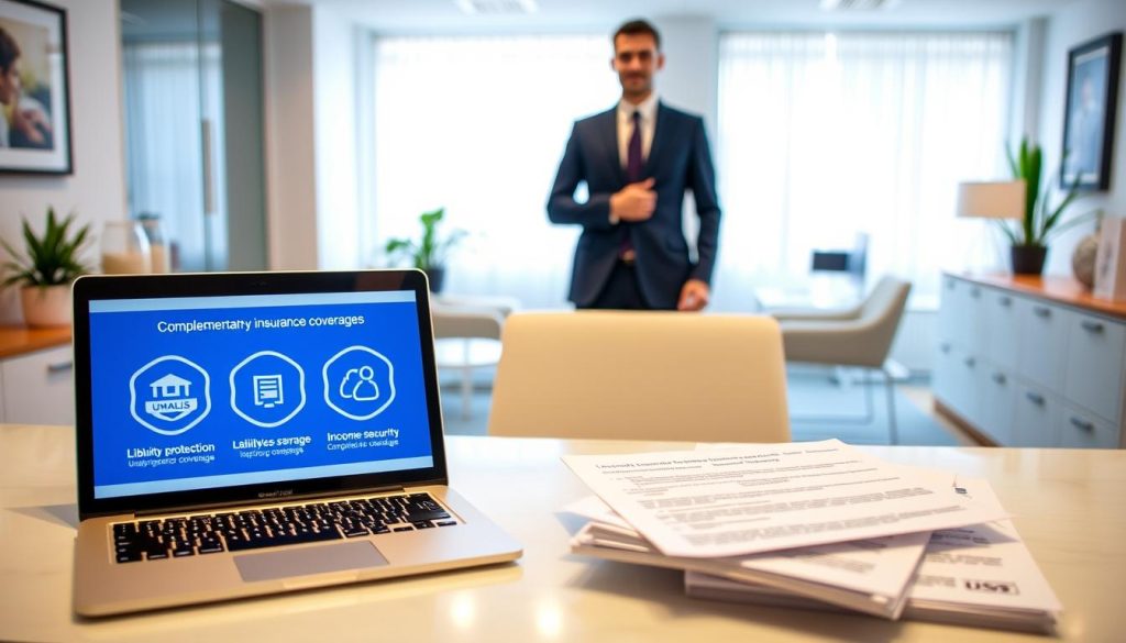 A bright, professional office setting with a desk displaying the Umalis Group logo, showcasing complementary insurance coverages for freelance workers. In the foreground, a laptop and paperwork depict the various guarantees, including liability protection and income security. The middle ground features a person in a business suit, conveying the importance of comprehensive coverage. The background showcases a modern, well-lit workspace with tasteful decor, suggesting a secure and reliable environment for freelance professionals. The overall tone is one of confidence, professionalism, and the peace of mind that comes with having the right insurance protections in place.