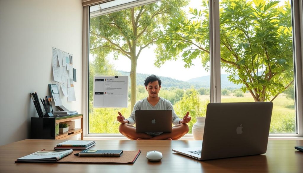 A bright, sun-dappled workspace with a sleek, minimalist LIGHT PORTAGE laptop and wireless mouse prominently displayed. In the foreground, a serene individual sits cross-legged, deep in focused contemplation, emanating a sense of calm productivity. The middle ground showcases an array of carefully organized digital devices, notes, and task lists, conveying a well-structured, autonomous work environment. The background reveals a lush, verdant landscape, hinting at the balanced, nature-inspired atmosphere that fosters creative thinking and insightful problem-solving.