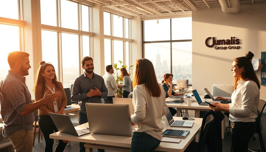A bright, sun-drenched office space, with employees collaborating at standing desks and laptops. Warm, natural lighting filters through large windows, casting a soft glow on the Umalis Group logo adorning the walls. In the foreground, a group of colleagues engage in animated discussion, gesturing enthusiastically. The middle ground features a mix of private and open workspaces, each occupied by focused, satisfied-looking professionals. In the background, a panoramic city skyline can be seen, hinting at the flexibility and opportunities afforded by this modern, progressive workplace. The overall atmosphere conveys a sense of productivity, camaraderie, and job satisfaction.