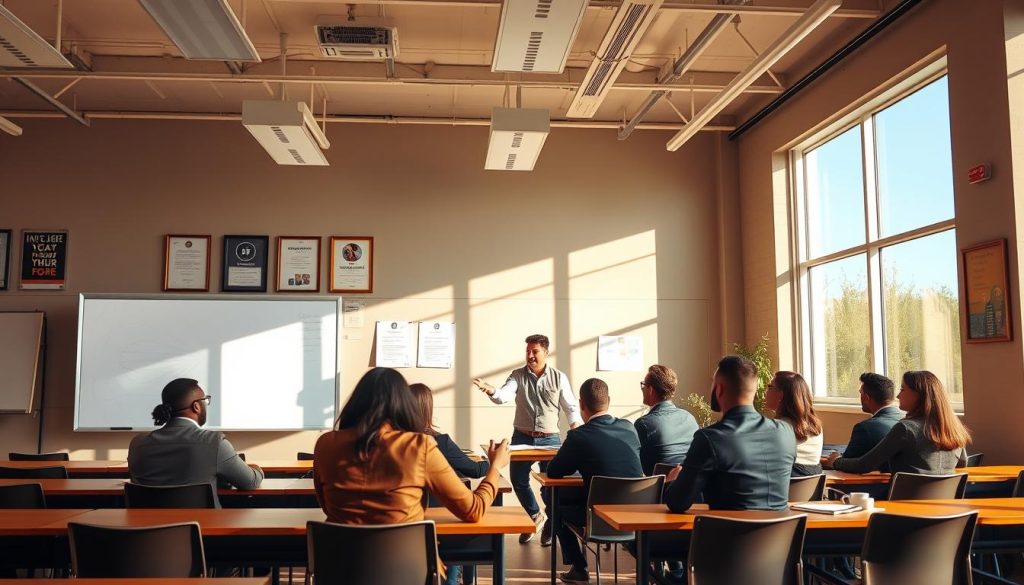 A bright, sun-filled classroom with rows of desks and chairs, a large whiteboard at the front. In the center, a group of professionals in business attire seated around a table, engaged in a lively discussion led by an instructor from the Umalis Group. The instructor gestures animatedly, their face alight with enthusiasm as they guide the group through a training course. The walls are adorned with motivational posters and certificates, conveying a sense of expertise and professionalism. Warm, natural lighting filters in through large windows, casting a soft glow over the scene. The atmosphere is one of focused learning and growth, with an undercurrent of dynamic energy.