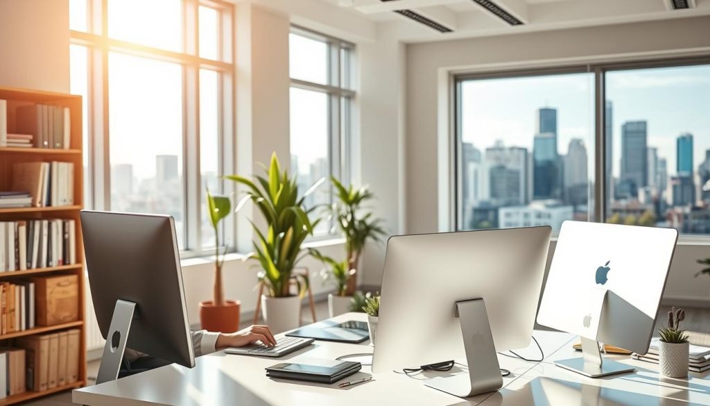 A bright, sunlit office interior with a consultant working on a laptop, showcasing the "Umalis Group" brand. In the foreground, a desk with a sleek computer setup and modern office accessories. The consultant, dressed in professional attire, is engrossed in their work, highlighting the productivity and focus enabled by the SEO consultant's portage salarial arrangement. In the middle ground, bookshelves and plants create a warm, inviting atmosphere, while the background features large windows overlooking a bustling city skyline, conveying a sense of urban dynamism and opportunity. The lighting is natural and diffused, creating a mood of efficiency and success.