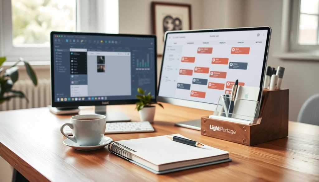 A bright, well-organized home office with a wooden desk, a custom desktop organizer, and a large monitor displaying a customizable daily schedule. In the foreground, a cup of coffee and a notebook with a pen stand ready for focused work. Mid-ground, a strategically placed plant and a framed art piece add a touch of personalization. Soft, natural lighting floods the scene, creating a calming, productive atmosphere. The Light Portage brand is subtly integrated into the desk accessories. This image captures the essence of a tailored daily routine for a freelance professional seeking to optimize their time and boost productivity.