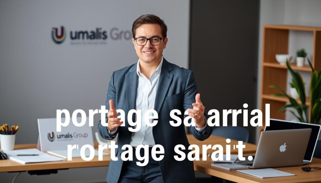 A business coach standing confidently in a smart, professional outfit, surrounded by an organized workspace with a laptop, documents, and a Umalis Group logo prominently displayed. The lighting is soft and natural, creating a warm, inviting atmosphere. The coach is gesturing with their hands, conveying a sense of expertise and authority as they explain the benefits of "portage salarial" to a client. The background is blurred, keeping the focus on the coach and their workspace.