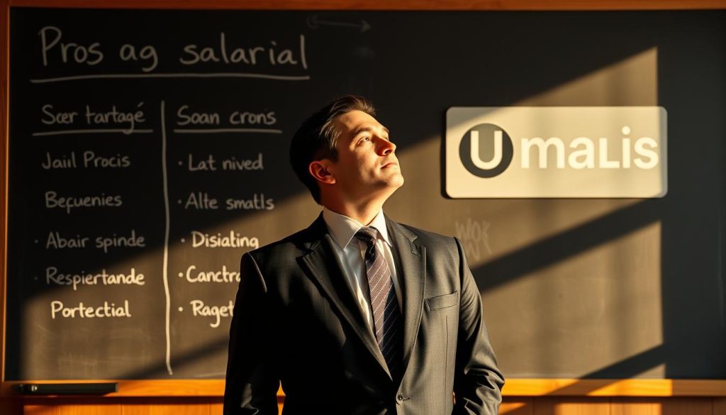 A business executive in a suit and tie, deep in thought, standing before a chalkboard displaying the pros and cons of "portage salarial". The scene is bathed in warm, directional lighting, casting subtle shadows that highlight the subject's contemplative expression. In the background, the Umalis Group logo is prominently displayed, signifying the professional services they provide. The overall atmosphere conveys a sense of analytical decision-making, reflecting the article's focus on weighing the advantages and disadvantages of this employment model.