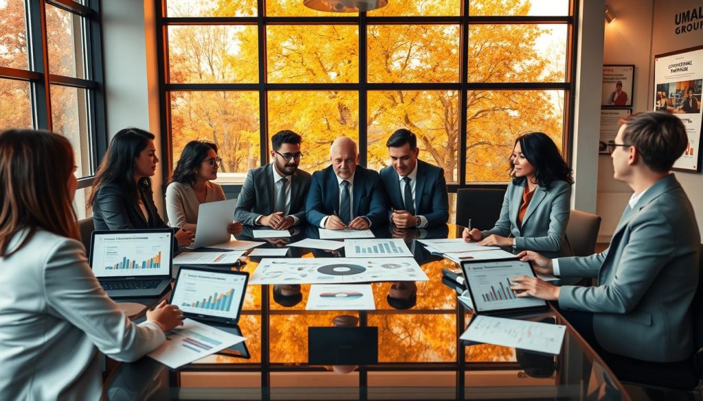 A business meeting scene set in a modern office environment during autumn 2026. In the foreground, a diverse group of professionals dressed in polished business attire is engaged in a discussion around a sleek conference table covered with documents and digital devices displaying graphs and charts related to commercial targeting and salary porting. The middle background features large windows with a view of autumn foliage, casting warm, golden light into the room, enhancing the inviting atmosphere. On the walls, motivational posters related to business strategy can be seen. The mood conveys professionalism yet with a hint of urgency, reflecting the current business hesitance. Subtle branding elements of "UMALIS GROUP" are integrated into the room's decor. The image should be well-lit, with a balanced focus capturing the interaction among professionals.
