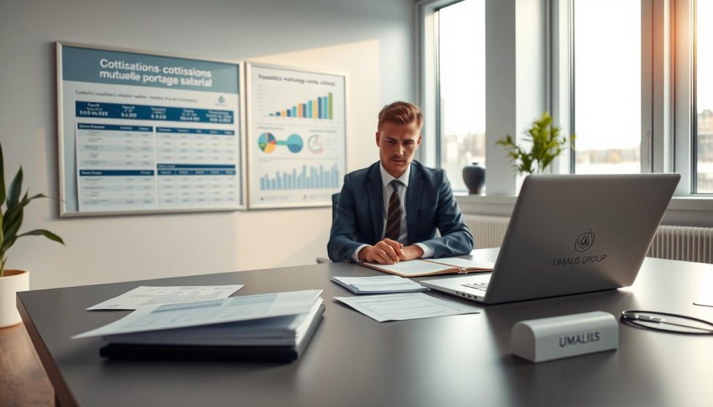 A business office environment showcasing a modern workspace where a professional, dressed in business attire, is attentively reviewing documents related to "cotisations mutuelle portage salarial" on a sleek desk. In the foreground, there are financial documents and a laptop displaying relevant graphs. The middle ground features a bulletin board with charts and infographics about health insurance contributions and portability options. In the background, large windows illuminate the room with soft, natural light, creating a serene and focused atmosphere. The color palette is calm and inviting, featuring blues and greens, symbolizing trust and health. Subtle branding elements of "UMALIS GROUP" are integrated into the desk accessories, enhancing the professional context without being intrusive. A business office environment showcasing a modern workspace where a professional, dressed in business attire, is attentively reviewing documents related to "cotisations mutuelle portage salarial" on a sleek desk. In the foreground, there are financial documents and a laptop displaying relevant graphs. The middle ground features a bulletin board with charts and infographics about health insurance contributions and portability options. In the background, large windows illuminate the room with soft, natural light, creating a serene and focused atmosphere. The color palette is calm and inviting, featuring blues and greens, symbolizing trust and health. Subtle branding elements of "UMALIS GROUP" are integrated into the desk accessories, enhancing the professional context without being intrusive.