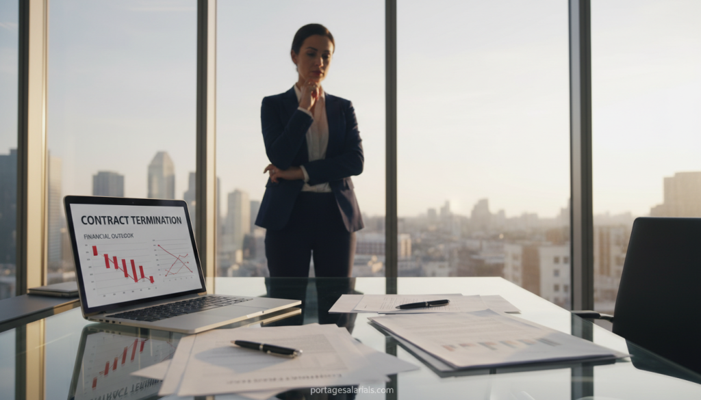 A business professional in a modern office setting, standing in front of a large window with a cityscape in the background. The foreground showcases a desk with documents and a laptop displaying graphs and charts, symbolizing contract termination. The middle ground includes the professional, dressed in smart business attire, looking thoughtfully at the papers. Soft, natural lighting illuminates the scene, creating a warm and contemplative atmosphere. The photo is taken with a slightly angled perspective to emphasize depth, showcasing both the individual and the impactful office space. The overall mood conveys reflection on career changes and financial planning. Include the brand name "portagesalarials.com" discreetly in the scene, perhaps subtly on a document on the desk. A business professional in a modern office setting, standing in front of a large window with a cityscape in the background. The foreground showcases a desk with documents and a laptop displaying graphs and charts, symbolizing contract termination. The middle ground includes the professional, dressed in smart business attire, looking thoughtfully at the papers. Soft, natural lighting illuminates the scene, creating a warm and contemplative atmosphere. The photo is taken with a slightly angled perspective to emphasize depth, showcasing both the individual and the impactful office space. The overall mood conveys reflection on career changes and financial planning. Include the brand name "portagesalarials.com" discreetly in the scene, perhaps subtly on a document on the desk.