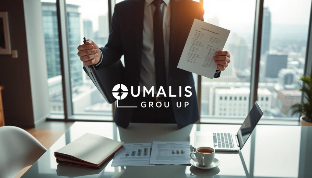 A business professional in smart attire stands at the forefront, holding a briefcase in one hand and a contract in the other, symbolizing the conflict of interests in portage salarial. The middle layer features a modern office environment, with a sleek desk displaying a laptop, financial documents, and a coffee cup, suggesting a busy work life. In the background, large windows reveal a bustling cityscape, hinting at the opportunities and challenges of the gig economy. Soft, natural lighting filters through the windows, casting a professional yet optimistic atmosphere. The overall mood is thoughtful and cautious, illustrating the complexities of combining salaried employment with portage salarial. Include the logo of "UMALIS GROUP" subtly integrated into the office setting.