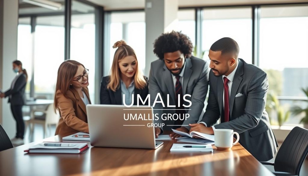 A business setting showcasing "Accompagnement et Gestion Administrative en Portage Salarial". In the foreground, a diverse group of professionals, including a Caucasian woman and a Black man, wearing smart business attire, engaged in a discussion around a laptop. In the middle, a sleek wooden desk filled with documents, a notebook, and a coffee cup. The background features a modern office environment with large windows allowing natural light to flood the space, creating an inviting and collaborative atmosphere. The sunlight casts soft shadows, enhancing the focused mood of teamwork and productivity. Place the logo "UMALIS GROUP" subtly on the desk. Use a slight depth-of-field effect to emphasize the group while softening the background.