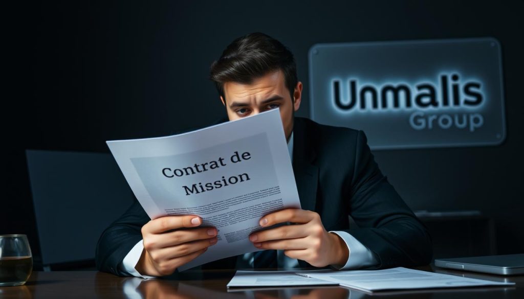 A businessperson sitting at a desk, holding a document labeled "Contrat de Mission" in their hands, with a look of distress on their face. The scene is dimly lit, with a sense of tension and uncertainty. In the background, a Umalis Group logo is prominently displayed, suggesting the context of the independent professional's relationship with the company. The composition emphasizes the weight and gravity of the contract termination, capturing the essence of the "Rupture du contrat de mission avec le client" section.