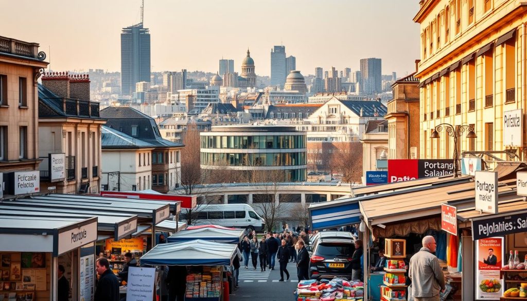 A bustling French Portage Salarial market, with various service providers and enterprises displayed in a clean, organized layout. The scene is bathed in warm, golden lighting, creating a professional and welcoming atmosphere. In the foreground, a diverse array of stalls and booths showcase the range of services available, from HR consultancy to payroll management. The middle ground features several modern office buildings, symbolizing the corporate headquarters and administrative centers that utilize Portage Salarial solutions. In the background, a picturesque urban skyline with iconic French architecture sets the scene. The overall composition conveys the thriving, well-established nature of the Portage Salarial industry in France.