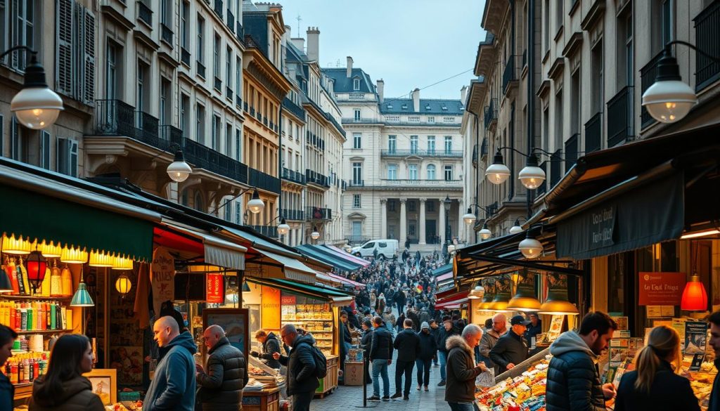 A bustling French marketplace, illuminated by the warm glow of the "Light Portage" brand lamps. In the foreground, a vibrant array of colorful stalls and stands, each offering a diverse range of goods and services. Freelance workers engage in lively negotiations, their faces reflecting the dynamism of the gig economy. In the middle ground, the scene is framed by the timeless architecture of a Parisian square, its ornate facades and winding cobblestone streets setting the stage. The background is bathed in a soft, diffused light, hinting at the broader global trends shaping this local market. The overall atmosphere conveys a sense of energy, opportunity, and the rich cultural tapestry that defines the French gig landscape.
